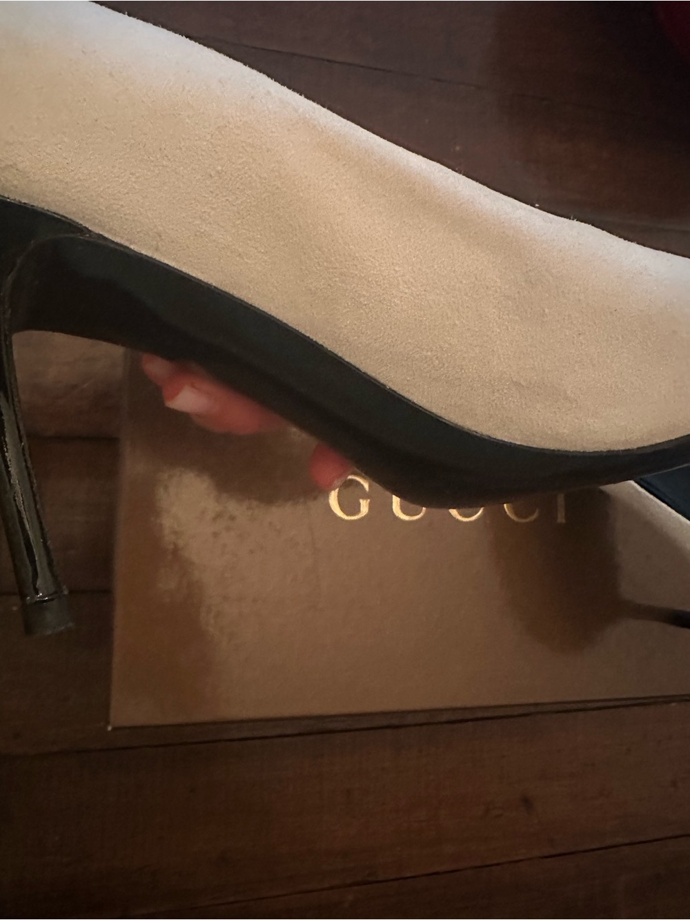 Gucci Black Patent and White Suede Open Toe Pumps - Picture 7 of 16